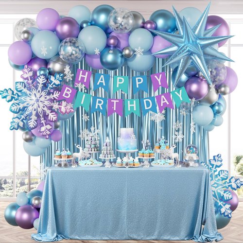 Frozen Birthday Party Decorations with Metallic Purple Pastel Blue Silver Confetti Balloons for Snowflake Frozen Baby Shower Birthday Party Decorations