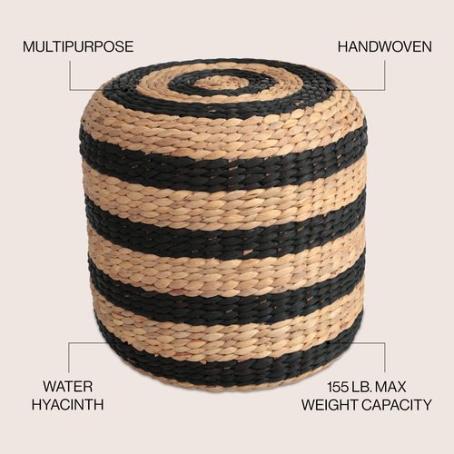 JONATHAN Y TBL2501A Aimee 15.7" Modern Minimalist Alternating Hand-Woven Hyacinth Ottoman for Living Room, Bedroom, Entryway, Foyer, Natural Seagrass Foot Stool, Handwoven Footrest, Natural/Black