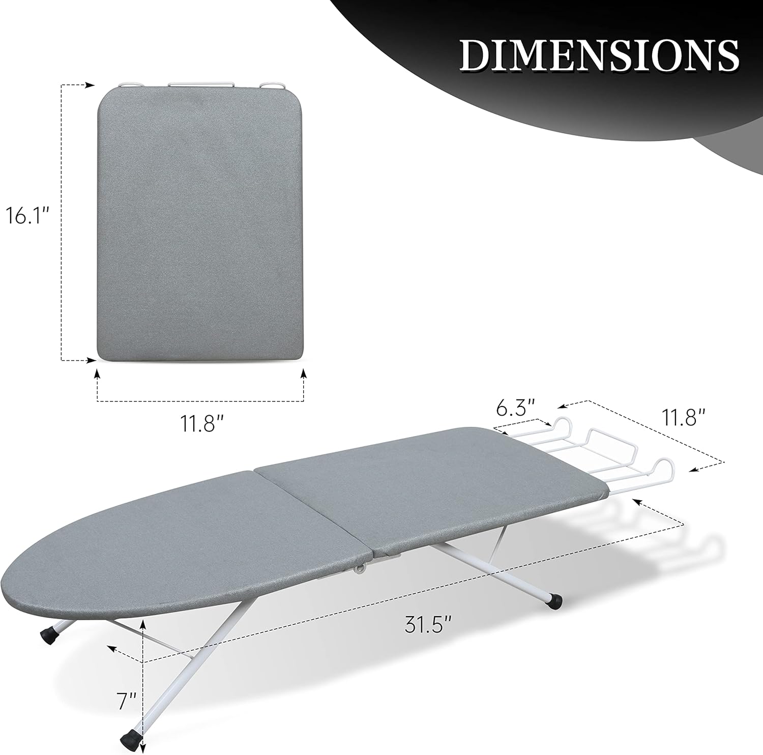 ZOES HOMEWARE Portable Ironing Board - Foldable Design with Heat Resistant Cover & Cotton Pad | 31.5"x11.8"x7", Grey