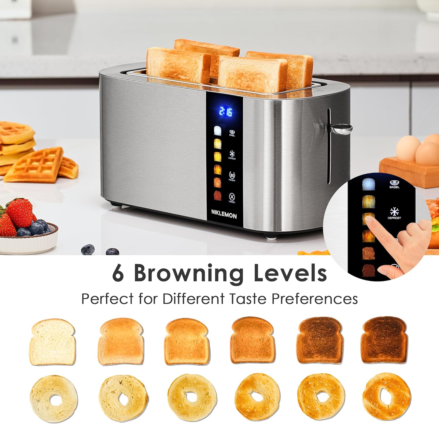 NIKLEMON Stainless Steel 4-Slice Toaster - LED Display, Touch Buttons, Extra Wide Slots, 1300W