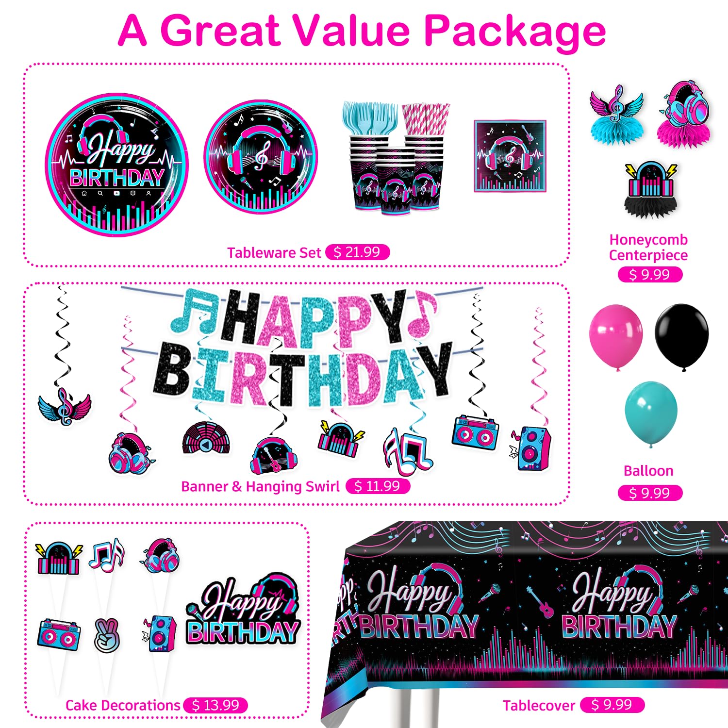 wellspar 208pcs Karaoke Party Decorations Complete Tableware Set, for 25 Guests, Karaoke Birthday Party Decorations, Disposable Plates, Pre-strung Banner, Tablecloths for Music Birthday Decor