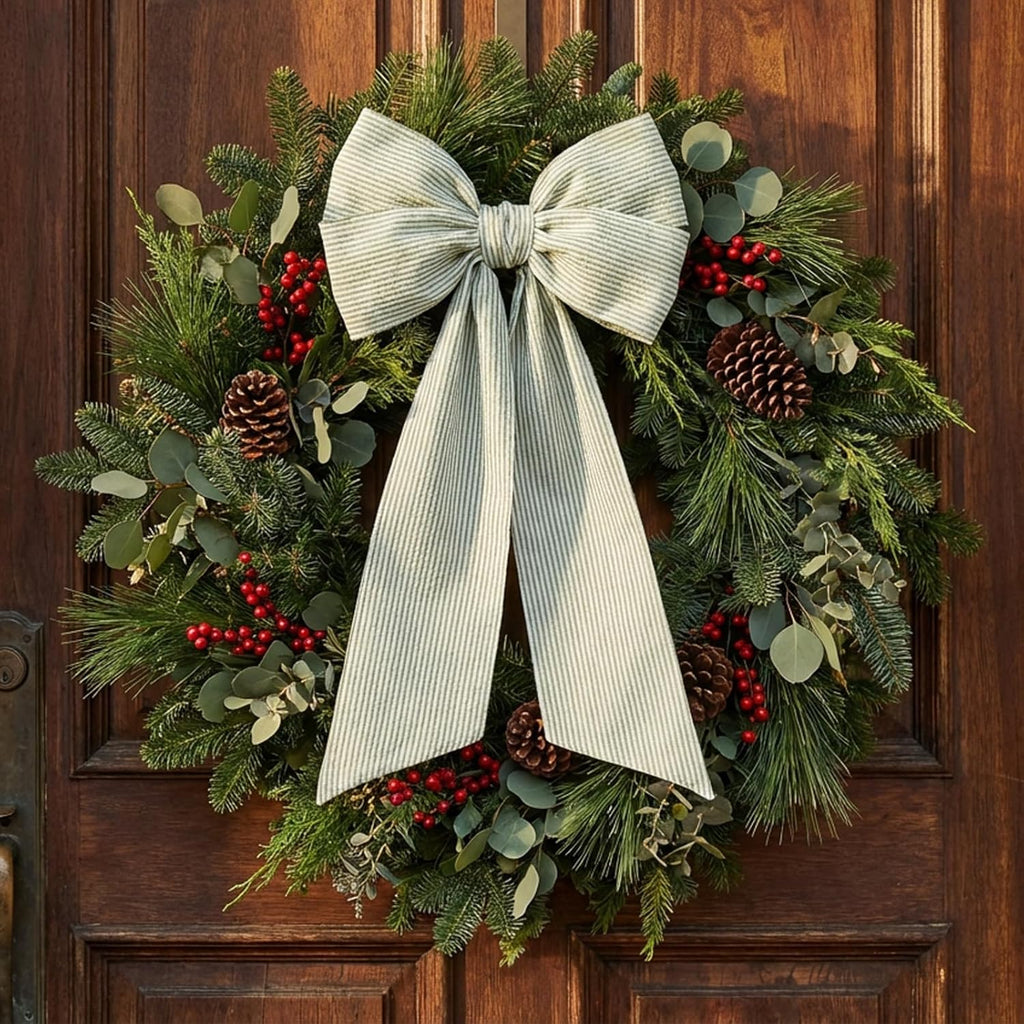 Skiennix Wreath Sash - Holiday Stripes Ribbon for Front Door | 5.1'' W x 59'' L, Green Striped