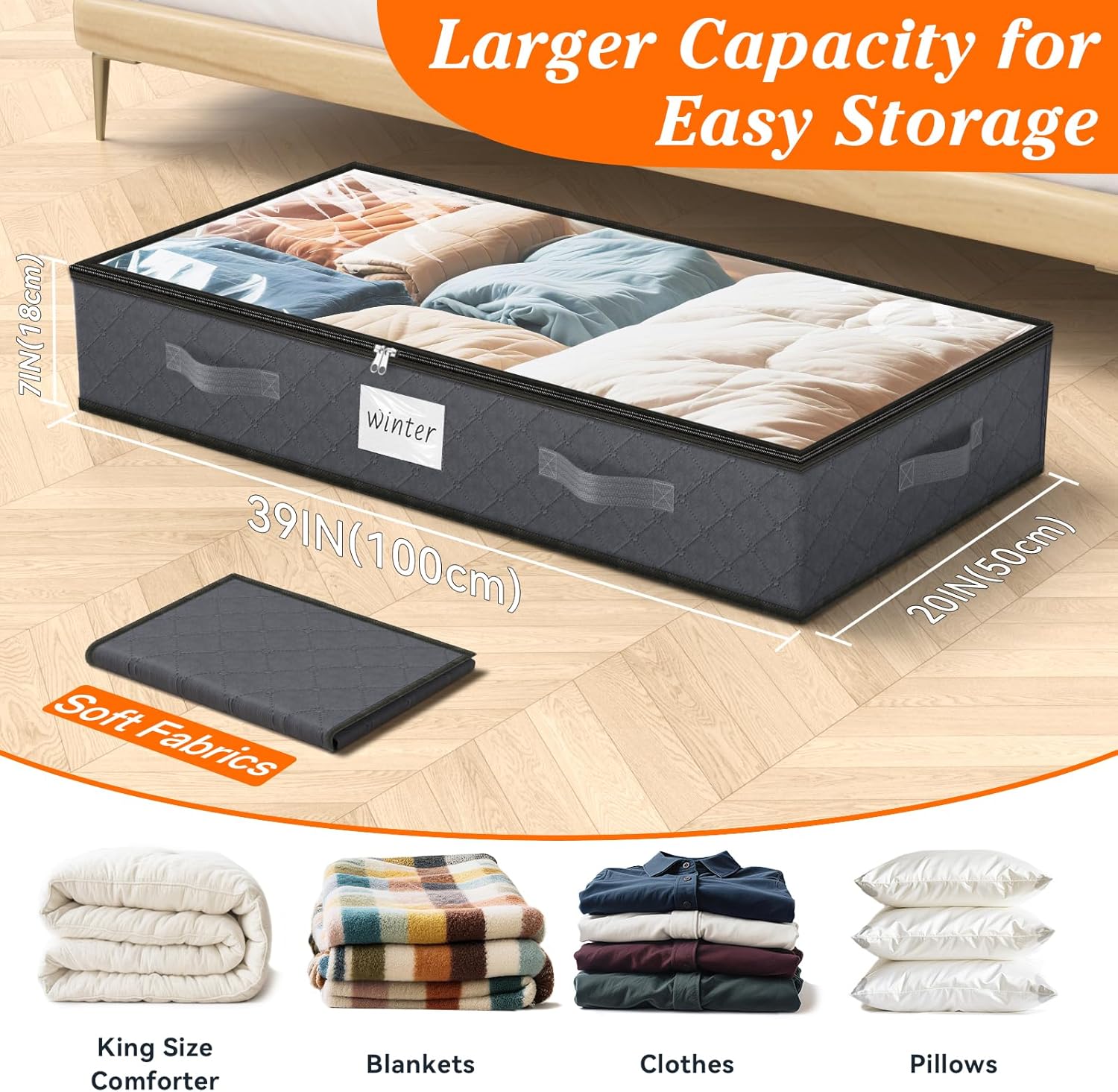 SpaceWhisper 90L Under Bed Storage Containers - 4-Pack Foldable Bins with Clear Tops for Clothing & Blankets | Grey