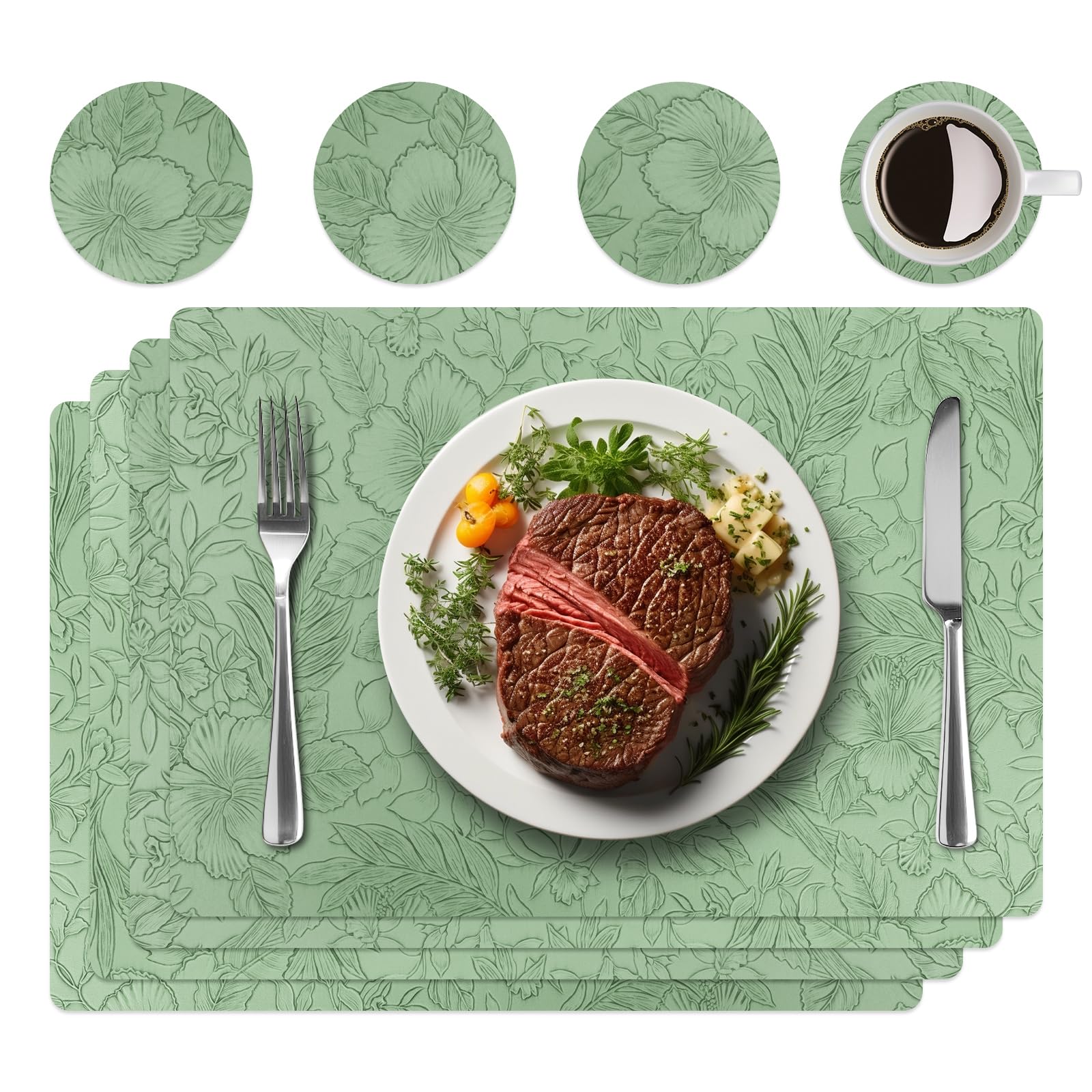 Placemats Set of 4 with 4 Coasters,Carving Floral Design,Non-Slip, Heat Resistant,Washable for Kitchen and Dining Table,Artificial Leather Place Mats (Green)
