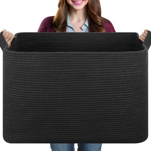 OIASKET 108L Extra Large Blanket Basket, 24.8" x 16.2" x 16.2" Rectangle Woven Storage Baskets for Living Room, Nursery, Bedroom, Toy Basket with Handle (Black)