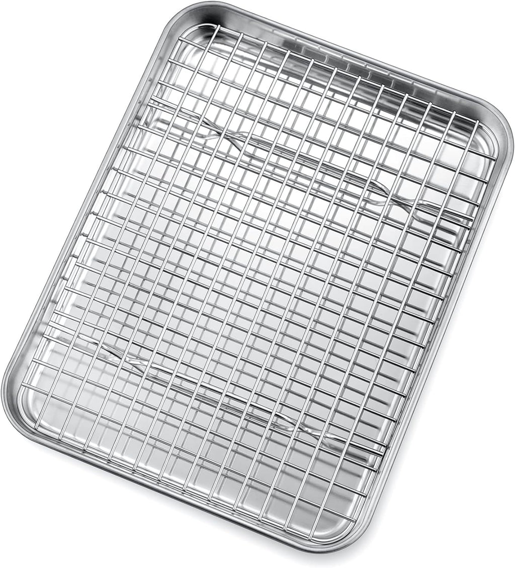 P&P CHEF Toaster Oven Pan Set - 10.4 Inch Stainless Steel Baking Tray & Cooling Rack | Dishwasher Safe, Non-Toxic, Easy to Clean