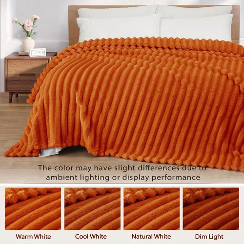 Exclusivo Mezcla Fleece Throw Blanket for Couch, Super Soft Striped Jacquard Bed Blanket, Lightweight Fuzzy Cozy for All Seasons, 50x60 Inches, Burnt Orange