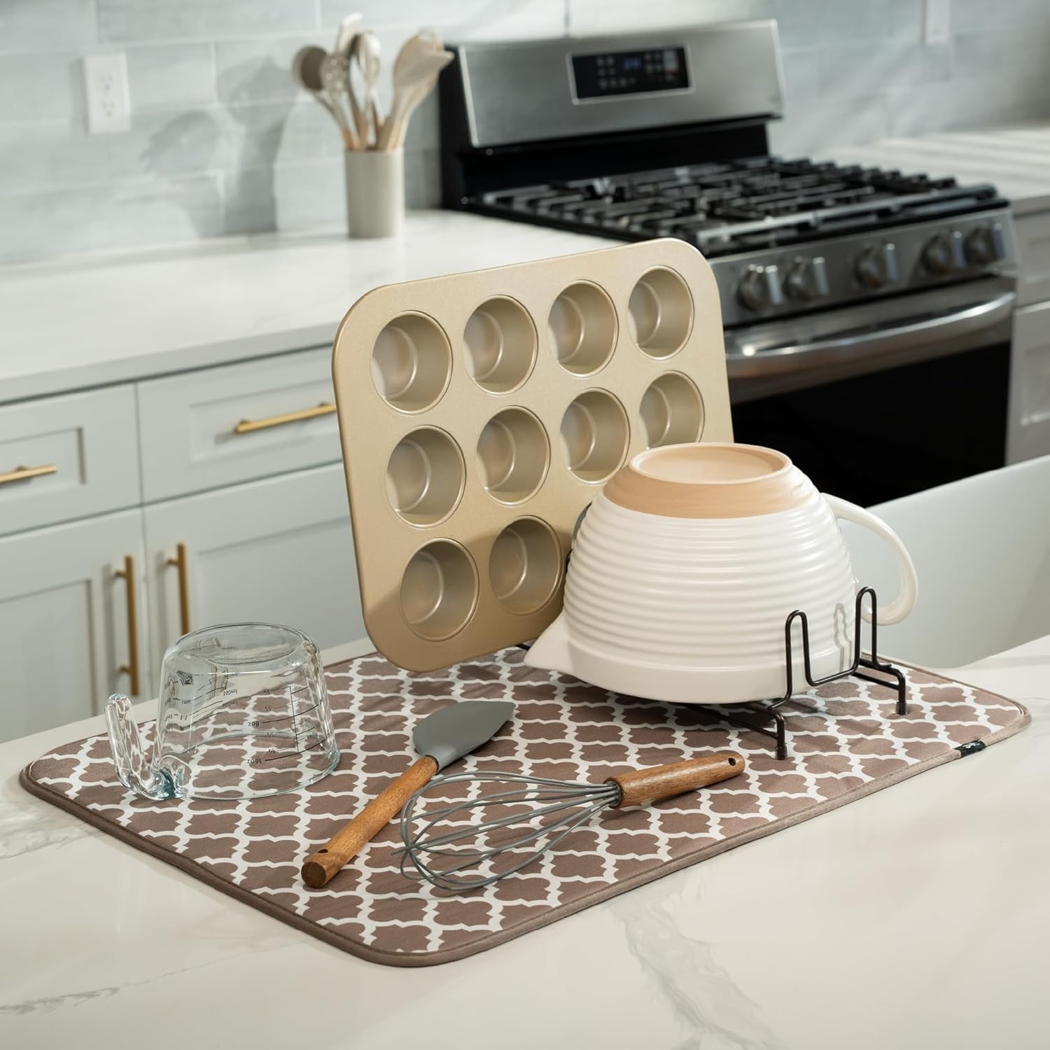 S&T INC. XL Dish Drying Mat - Absorbent Microfiber Kitchen Counter Pad, 18” x 24”, Taupe Trellis