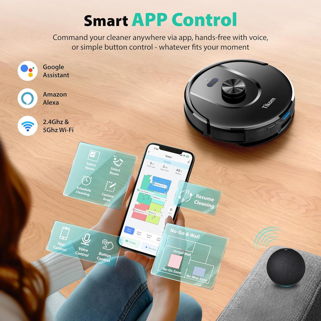 Tikom Robot Vacuum - 6000Pa Self-Emptying Robotic Cleaner with LiDAR Navigation | Ideal for Pet Hair & Carpets (L8000 Plus)