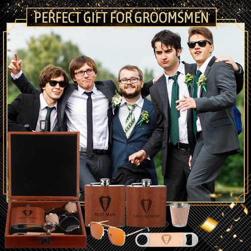 Acellegic 42 Pcs Groomsmen Gifts Set of 6, Groomsmen Proposal Box with Flasks Sunglasses Pine Box Funnel Bottle Opener Small Wooden Cups for Wedding Best Groomsman Man Gift