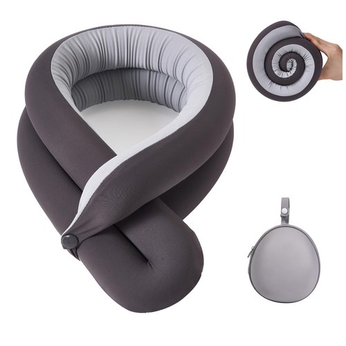 KPNEOL Travel Pillow, Neck Pillow – Ergonomic Memory Foam Pillow for Airplane, Adjustable & Ultra-Lightweight with Dual-Sided Fabric for Flight, Car, and Office Use, Grey