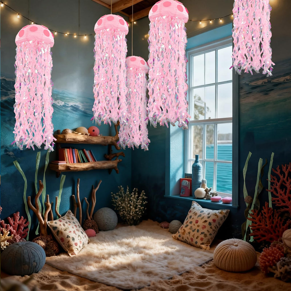 VioraWhite 37 Pcs Cartoon Sponge Mermaid Birthday Party Decorations 6 Pcs 9.8'' Hanging Jellyfish Paper Lanterns with Bubble Garlands Flower Crepe Paper for Mermaid Ocean Under The Sea Birthday Decor