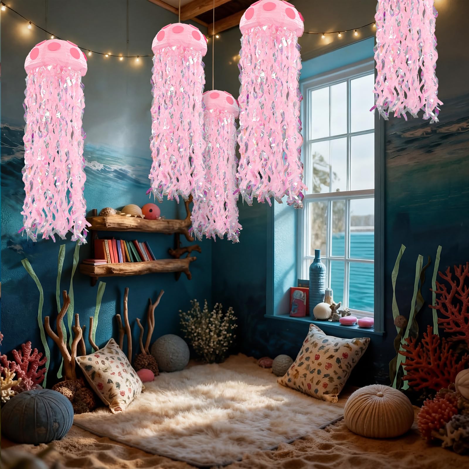 VioraWhite 37 Pcs Cartoon Sponge Mermaid Birthday Party Decorations 6 Pcs 9.8'' Hanging Jellyfish Paper Lanterns with Bubble Garlands Flower Crepe Paper for Mermaid Ocean Under The Sea Birthday Decor