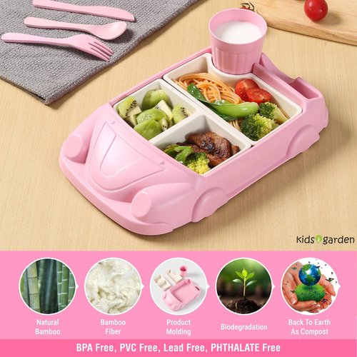 Kids garden Car Plate 8Pcs/Set Bamboo Children Dinnerware Sets - Dishwasher/Microwave Safe Includes Cutlery, Beautiful Plate, Separable Bowls & Cup Happy MealTime, Pink