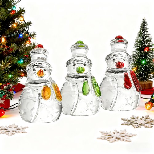 KRISININE Set of 3 Glass Snowman Figurine 1.6''*4.2'' Handmade Snowman Christmas Decorations Indoor for Home Winter Holiday Glass Paperweight Office Table Decor