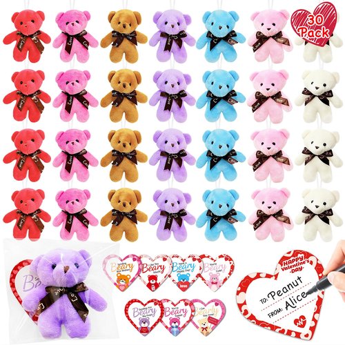 Haayeicai 30 Pack Valentine Day Mini Plush Animals Toys,Valentine's Day Gifts for Kids,Cute Stuffed Animals Toys with Heart Cards for Kids,School Prizes,Valentine's Day Party Supplies