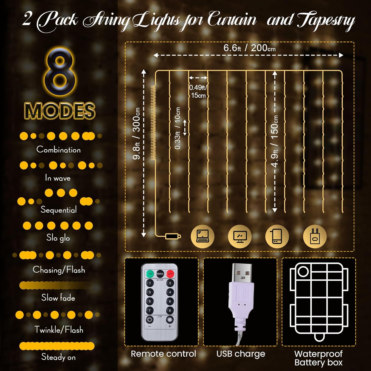 Tuanse 195 LED Curtain Lights - 6.5 x 5 Feet Fairy Backdrop with 8 Modes & Remote for Indoor/Outdoor Decor