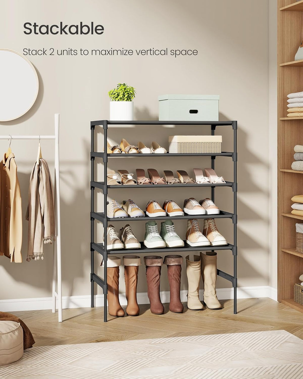 SONGMICS 3-Tier Shoe Rack - Space-Saving Organizer with Metal Frame & Non-Woven Fabric Shelves | Ink Black, 11.7 x 24.5 x 21 Inches