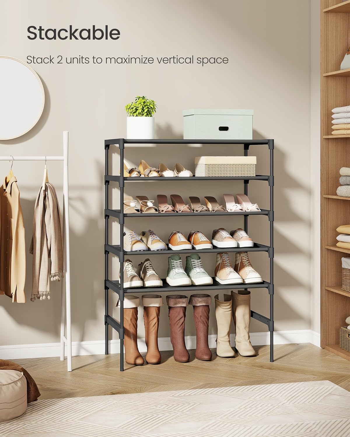 SONGMICS 3-Tier Shoe Rack - Space-Saving Organizer with Metal Frame & Non-Woven Fabric Shelves | Ink Black, 11.7 x 24.5 x 21 Inches