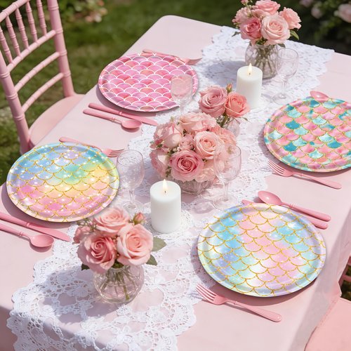 48 Pieces Mermaid Paper Plates Birthday Party Supplies, 7 Inch Mermaid Disposable Plate, Ocean Theme Cake Dessert Plates for Baby Shower Brial Shower Ocean Birthday Party Decorations (6 Designs)