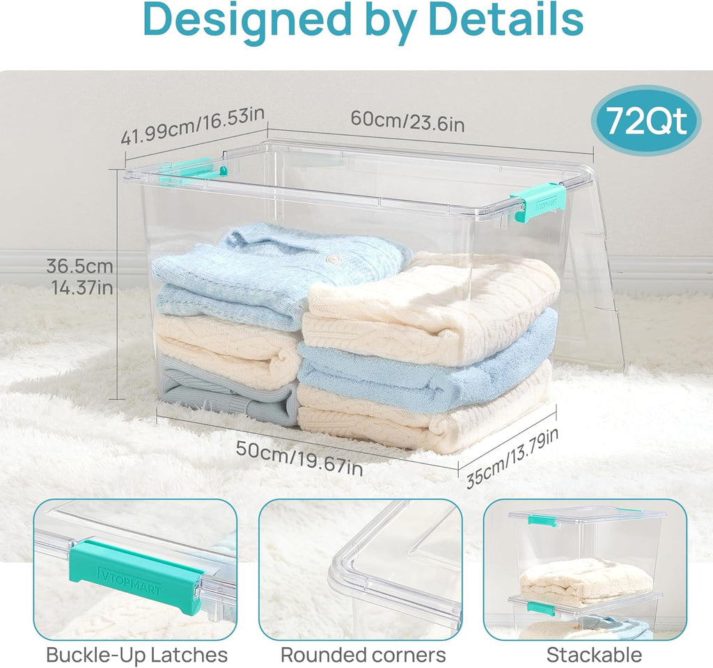 Vtopmart 72 QT Crystal Clear Storage Bins - 2 Pack with Lids | Stackable Plastic Totes for Closet Organization
