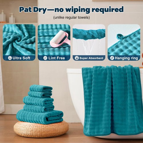 COZYART Lint Free Towel Sets 8 Pcs Teal, Super Soft, Thick, Absorbent & Quick Dry Microfiber 3D Bubble Bathroom Daily Use Set with 2 Bath Towels, 2 Hair Towels, 2 Hand Towels, 2 Washcloths