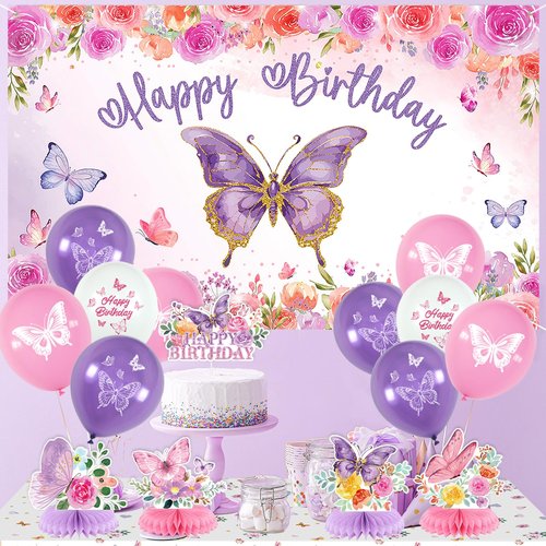 Roetyce Butterfly Decorations, 37PCS Happy Birthday Banner Balloons Honeycomb Centerpieces Cake Topper Kit, Purple and Pink Party Decorations