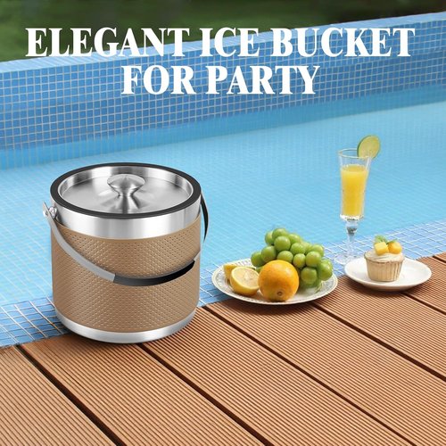 3Quart/3.2L Insulated Ice Bucket with Lid, Scoop, Leather Design Double Wall Stainless Steel Ice Bucket for Cocktail Bar, Parties (Brown)