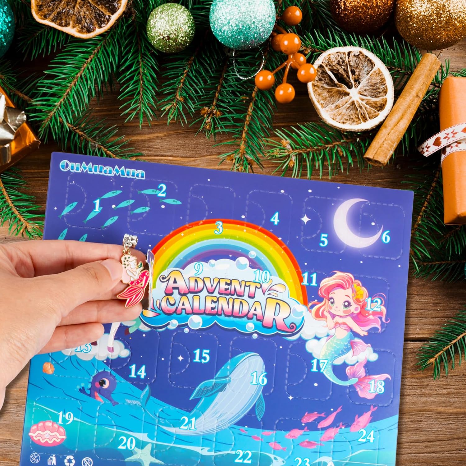 OuMuaMua Advent Calendar Charm Bracelets 2025 - 24 Days Christmas Countdown with DIY Mermaid & Unicorn Jewelry Kit for Girls & Women