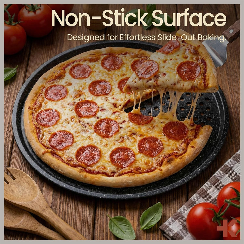 Bakken- Swiss Non-Stick Pizza Pan with Holes - 13-Inch Perforated Pizza Crisper Carbon Steel Pizza Pan - 2 Round Pizza Trays - PFOA PFOS and PTFE Free