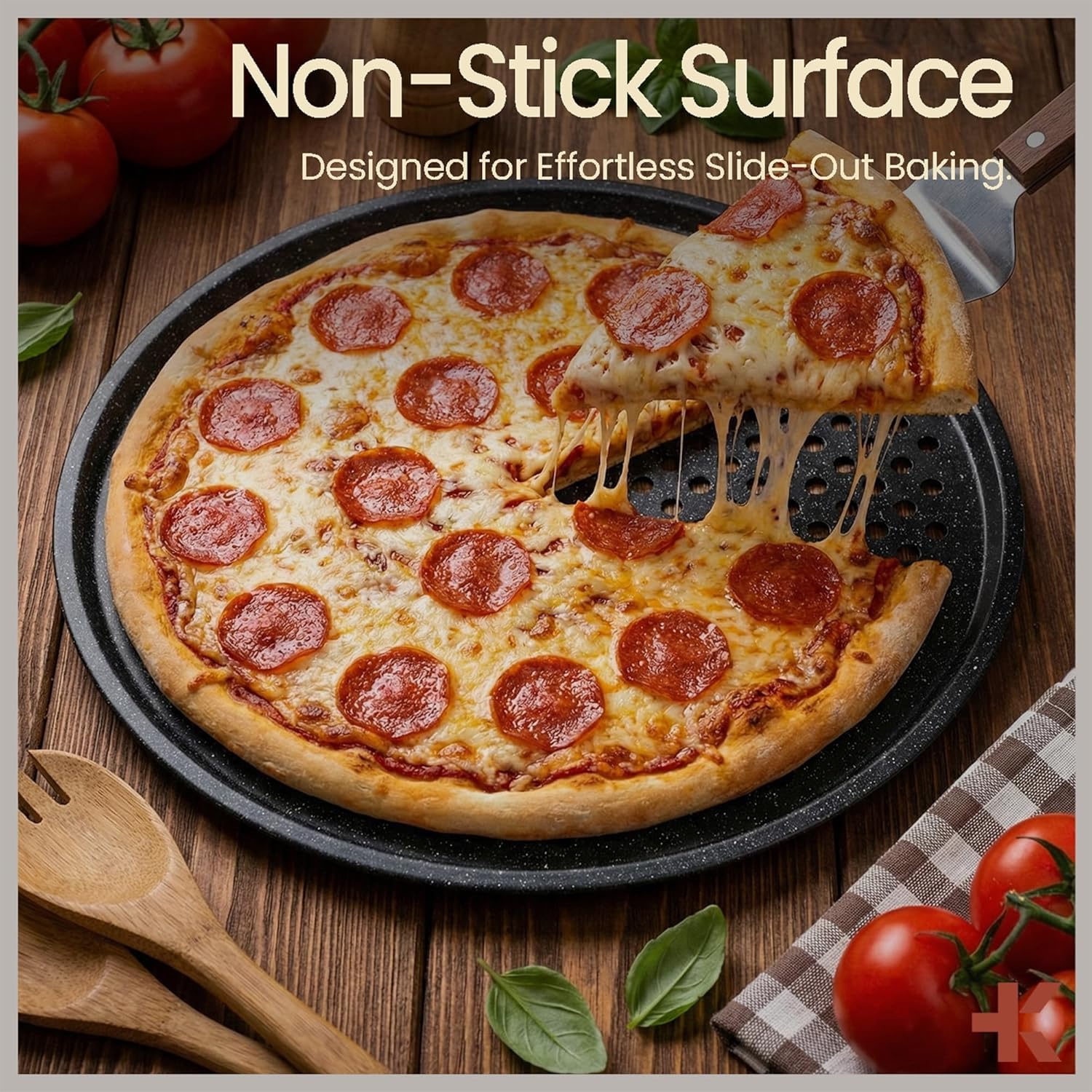 Bakken- Swiss Non-Stick Pizza Pan with Holes - 13-Inch Perforated Pizza Crisper Carbon Steel Pizza Pan - 2 Round Pizza Trays - PFOA PFOS and PTFE Free