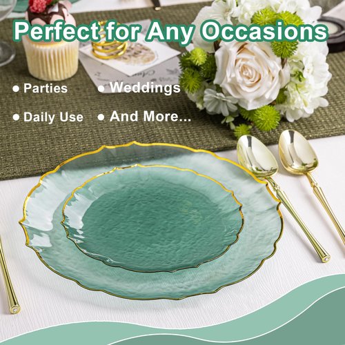 Lullaby 100pcs Translucent Green Plastic Plates with Gold Rim, Fancy Lace-Edged Disposable Plates include 50pcs Dinner Plate 10”, 50pcs Dessert Plate 7”, Perfect for Party, Wedding, Holiday