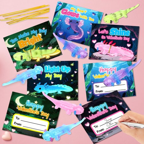 AuroTops Valentines Day Gifts for Kids,24 Pack Glow in The Dark Axolotl Toys with Valentines Day Cards for Kids School Classroom Exchange Gifts for Boys Girls Fidget Toys Bulk Kids Party Favors