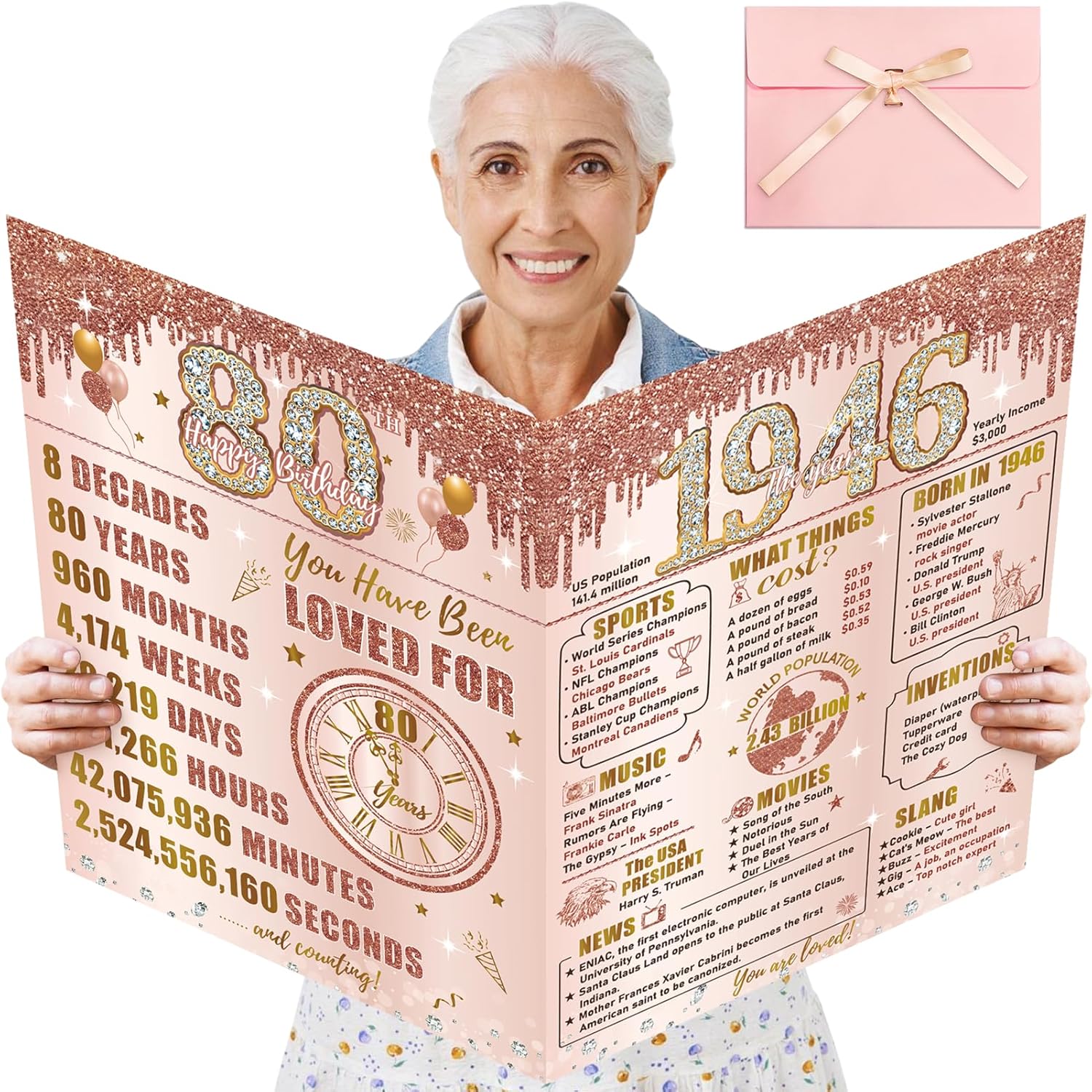 Turypaty 80th Birthday Card - Large Pink Rose Gold Design with Envelope | Giant Guest Signature Book Gift