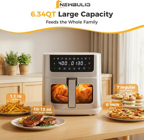 NEWBULIG Air Fryer - 6.34QT Capacity with Visible Window & Fast Heating - Stainless Steel, White