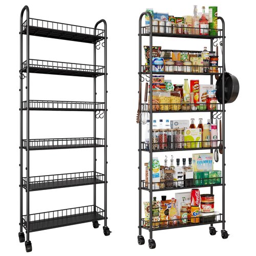 VKTO 6-Tier Slim Storage Cart, Rolling Kitchen Cart with Wheels, Narrow Metal Shelf Organizer with Hooks for Kitchen, Bathroom, Living Room, Laundry, Small Spaces (Black, 6 in)