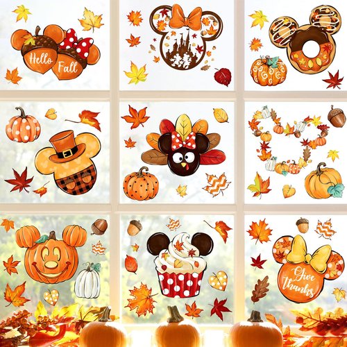 Fall Window Clings Decorations Mouse Shaped, 80pcs Thanksgiving Pumpkin Maple Leaves Window Decals Double-Sided Window Stickers for Autumn Fall Harvest Party Home Decor