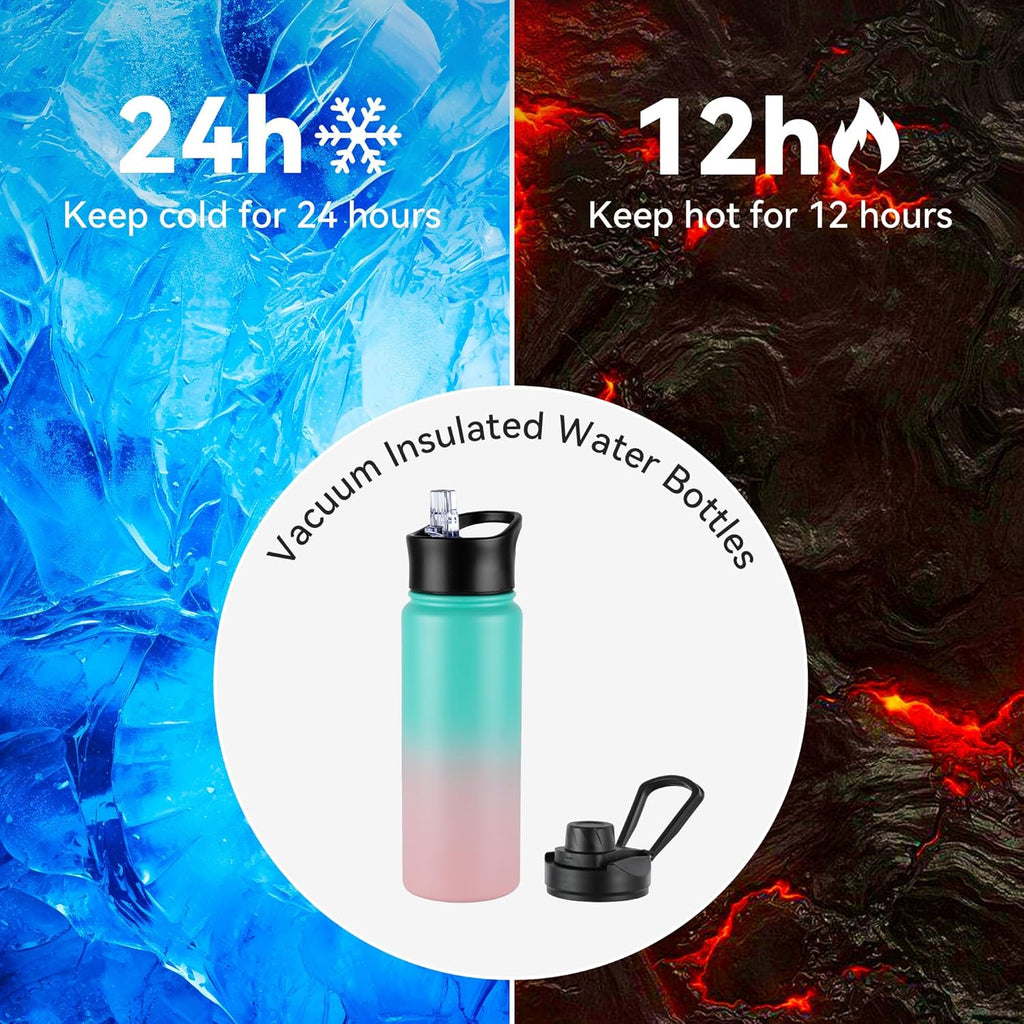 Skiennix 24oz Insulated Water Bottle - Stainless Steel with Straw Lid | Double Wall Vacuum for Hiking & Camping - Bubble Gum