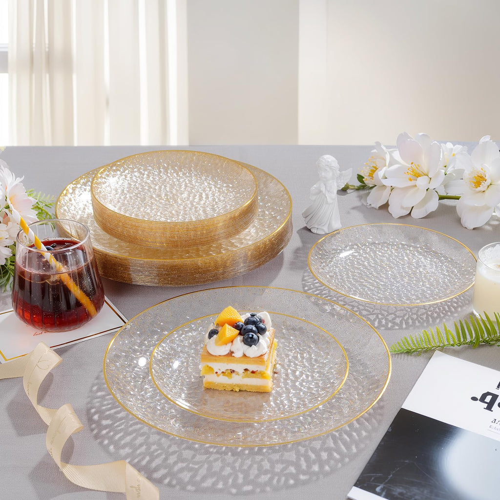Rubtlamp 60Pcs Clear Gold Plastic Plates, Gold Glitter Disposable Plates, Hammered Plastic Plates Included 30 Dinner Plate And 30 Dessert Plates for Party