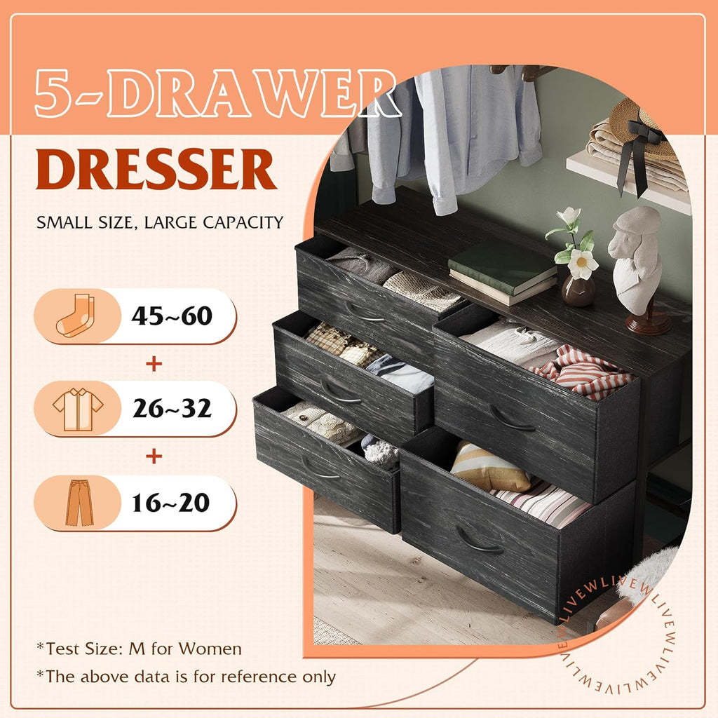 WLIVE Dresser - 5 Drawer Chest for Bedroom | Stylish Fabric Organizer in Charcoal Black Wood Grain