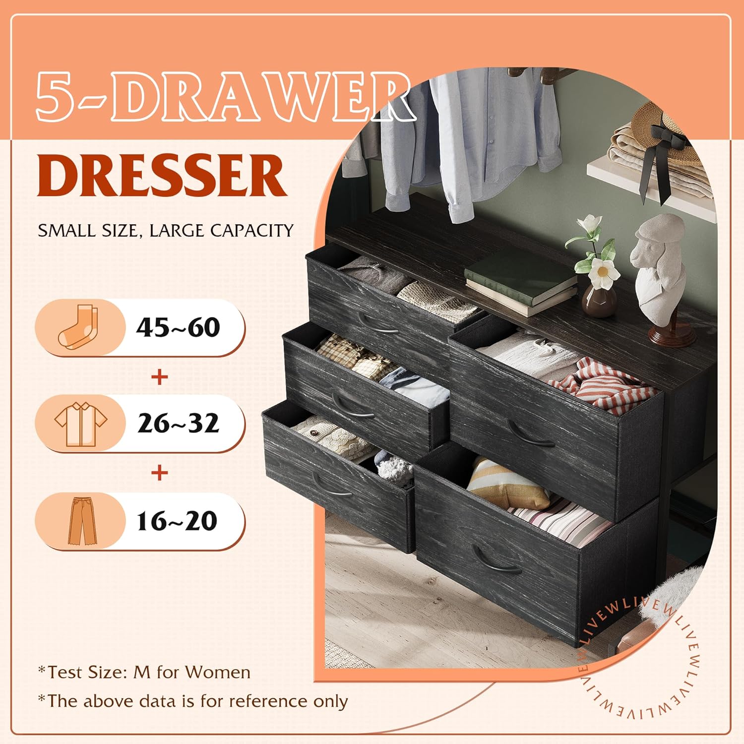 WLIVE Dresser - 5 Drawer Chest for Bedroom | Stylish Fabric Organizer in Charcoal Black Wood Grain