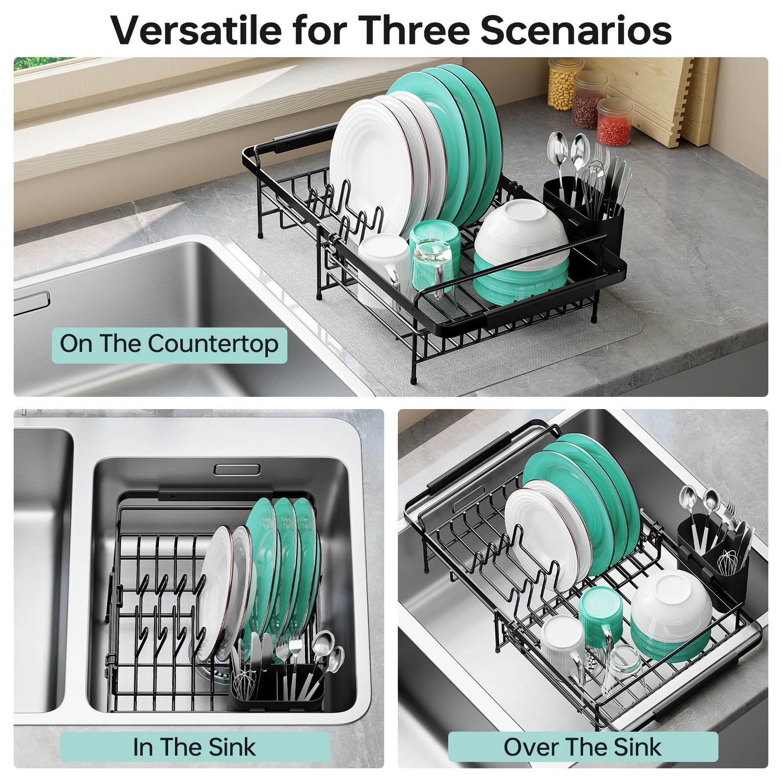 Urackify Dish Drying Rack in Sink - Expandable (14.5''-18''L) Over The Sink Dish Rack with Utensil Holder, Space-Saving Dish Drainer for Kitchen Counter, 1 Piece, Matte Black