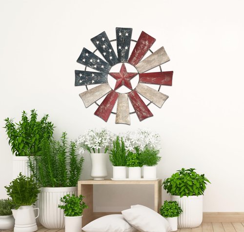 Alpine Corporation 21" Tall Indoor/Outdoor Patriotic Windmill Wall Art Decor