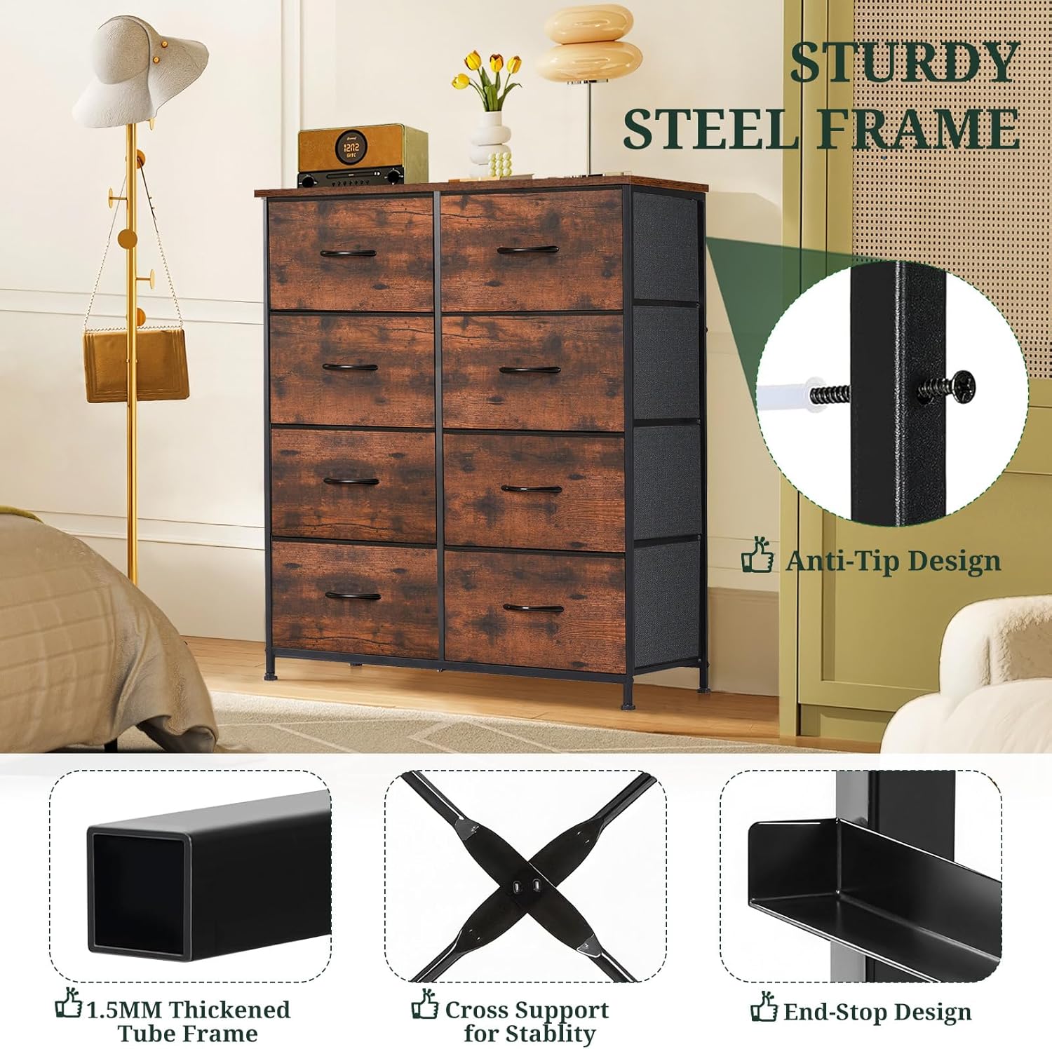 Regine Switzerland 8-Drawer Dresser - Anti-Tip Tall Storage Organizer with Wooden Top & Metal Frame - Brown