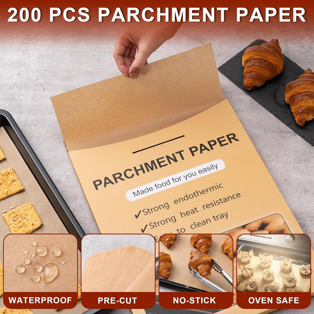 200 Pcs Unbleached Parchment Paper Sheets - 12x16 Inches Non-Stick Baking & Cooking Essentials