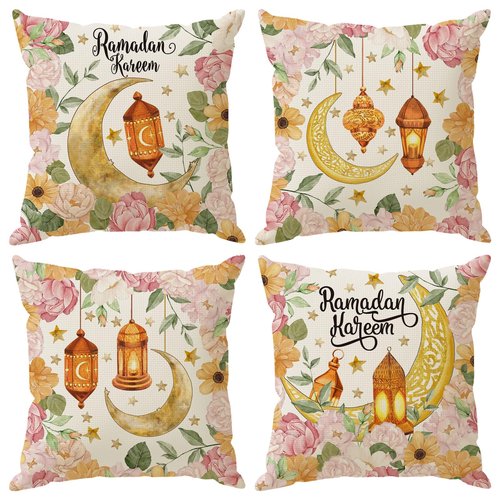 ZAEW Flowers Golden Lantern Moons Stars Ramadan Kareem Pillow Covers Throw Pillow Cases Set of 4 Decorations for Home Sofa Cushion Cover Party Holiday Decor 18x18 Inch