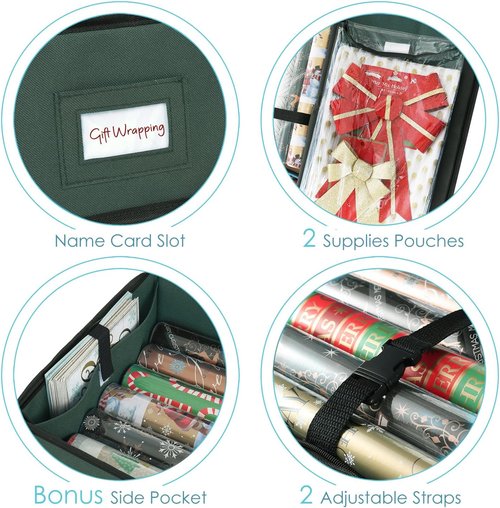 Hearth & Harbor Wrapping Paper Storage Container - Tear-Proof Christmas Bag for 36 Rolls - Green