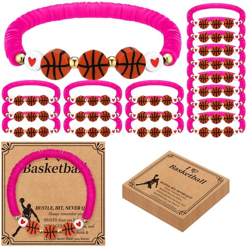 Ecation 20 Set Basketball Bracelets Gifts Basketball Party Favors Bead Bracelets Team Gift with Inspirational Card for Senior Night Gifts Sport Team Lovers Players Birthday Party(Pink)