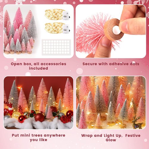 DomeStar 35PCS Mini Christmas Tree, Miniature Christmas Table Decorations 6 Sizes Small Sisal Snow Frost Bottle Brush Trees with Wooden Base for Party Home Crafts Decoration (Pink/Silver)