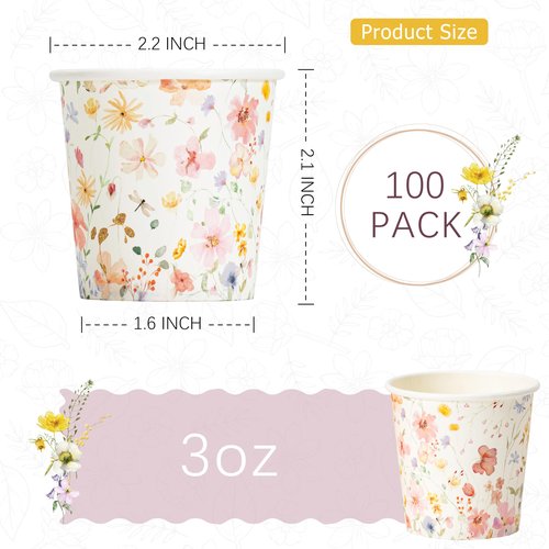 Crisky 3oz Paper Cups Dixie Cup[100 Pack], Disposable Bathroom Cups, Elegant Design Floral Small Mouthwash Cup, Hot/Cold Beverage Coffee, Dessert for Birthday Parties, Home-use, Picnics, Ceremonies